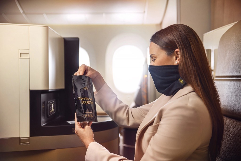 Etihad has introduced a soft, reusable snood for its first and business class passengers.