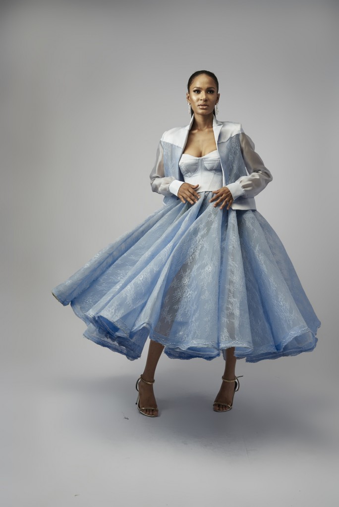Powder blue skirt suit with corset