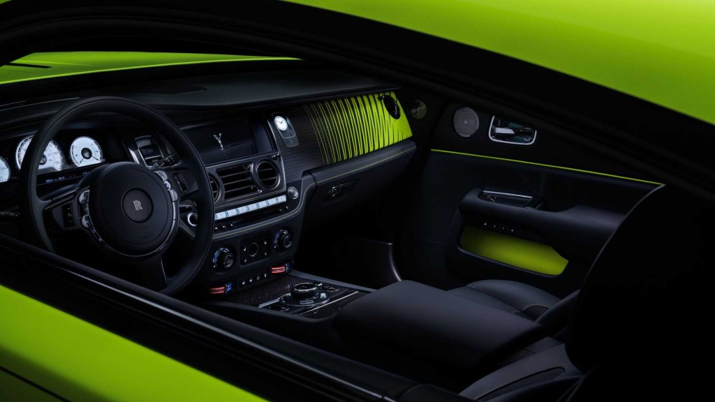 Interior of the Rolls Royce Black Badge Wraith in Lime Rock Green from the Neon Nights paint option