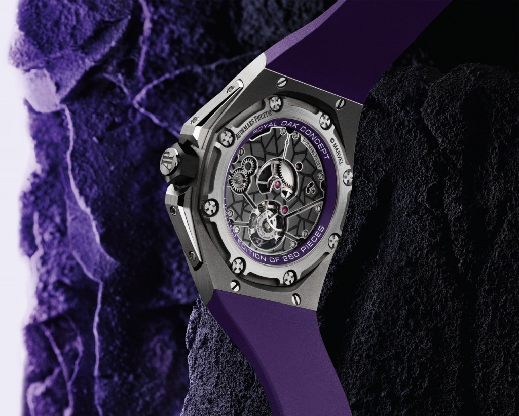 The Audemars Piguet Black Panther Royal Oak Flying Tourbillon is made of titanum and features white gold