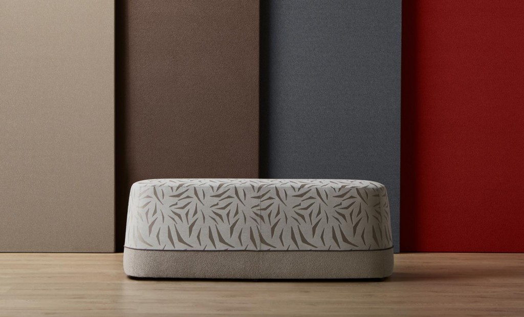 A bench upholstered with Aya and Snug from the Duality collection
