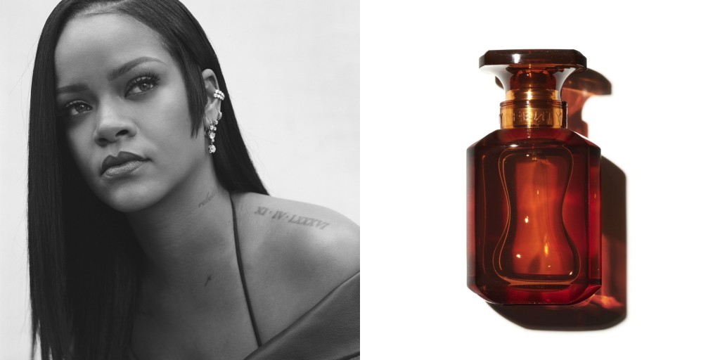 Rihanna beside the bottle of the fenty eau de parfum