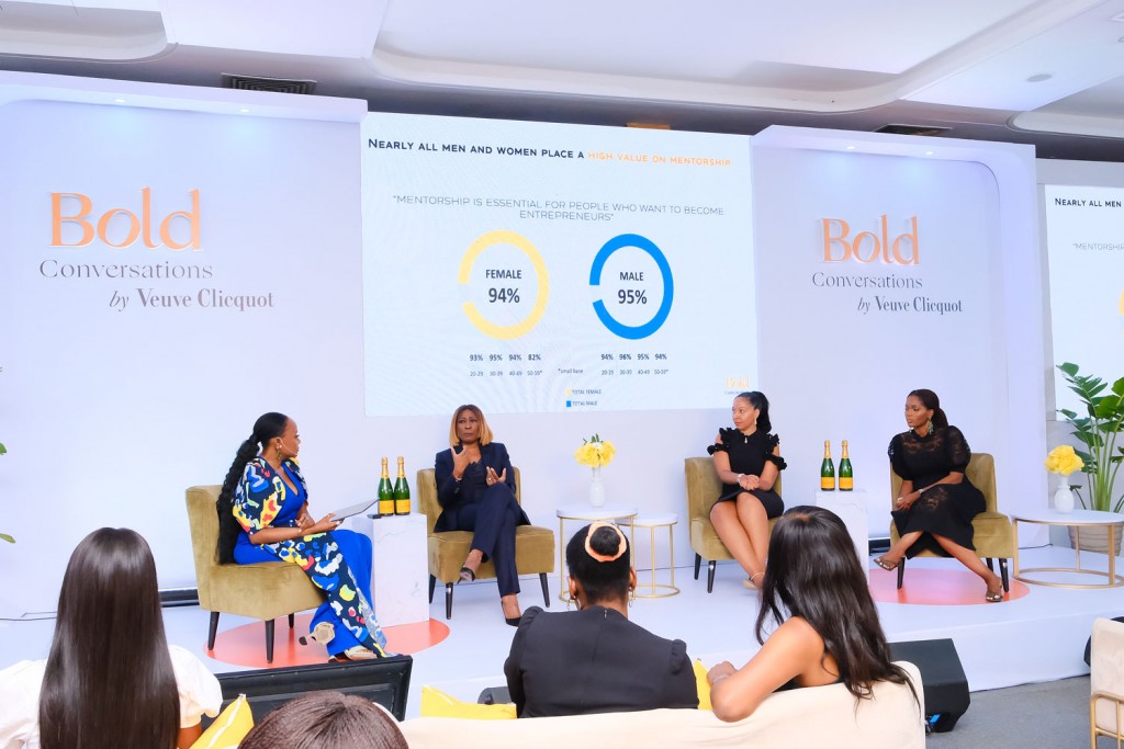 Seating left to right Michelle Dede (host), Olatowun Candide-Johnson, Nkemdilim Uwaje-Begho, and, Adenrele Sonariwo at the Bold conversations by Veuve Cliquot in Lagos