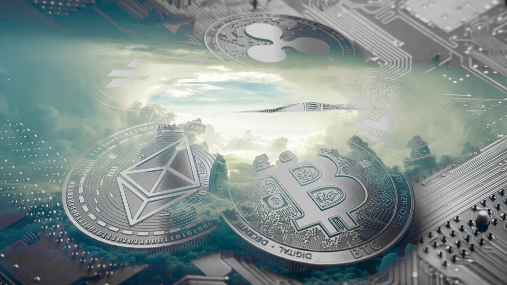 Crypto coins against a sky-filled background