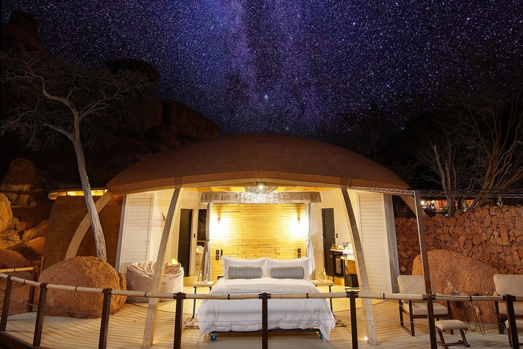 Outdoor bed at the Onduli ridge where guests at the 12 day Stargazing Desert Safari in Namibia can stay