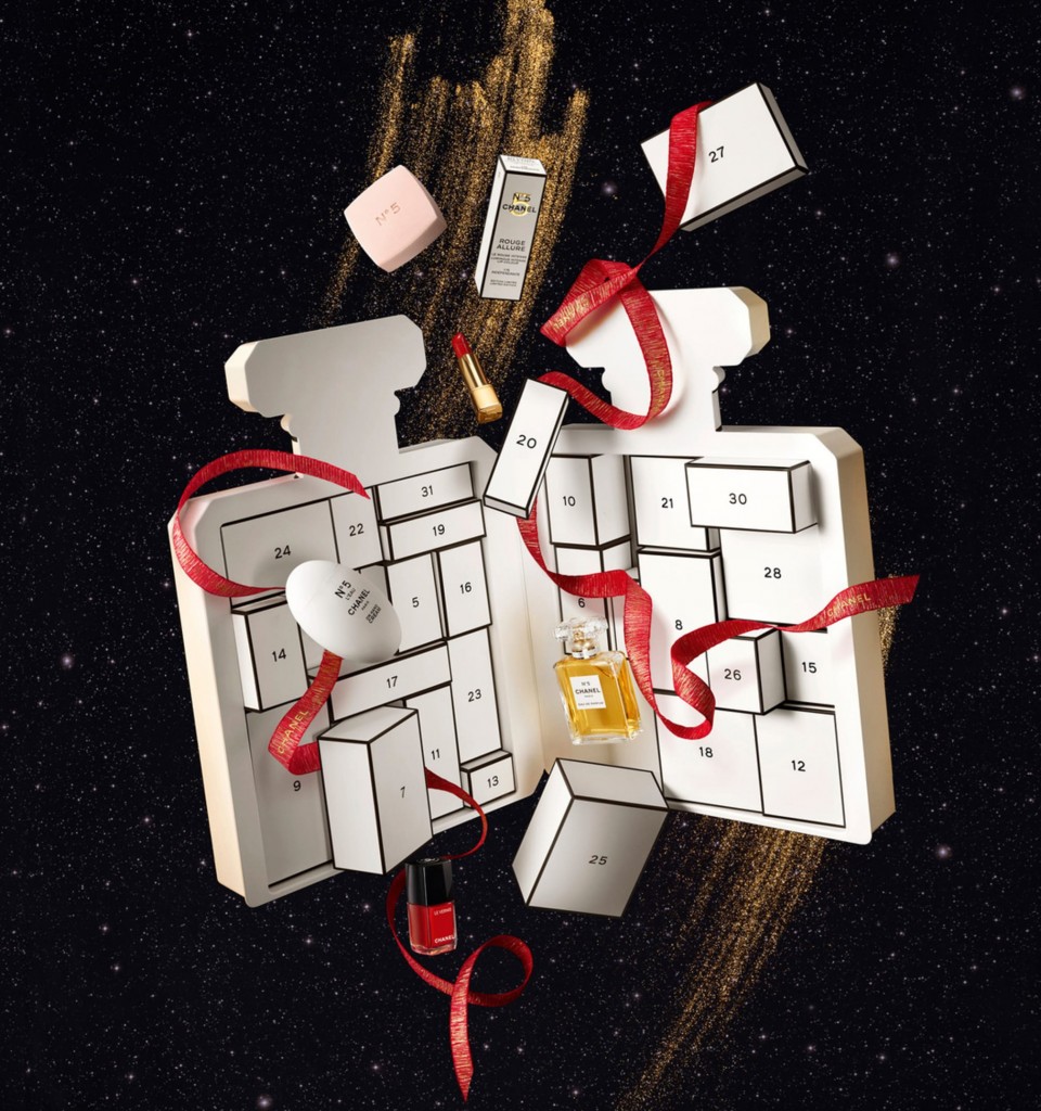 The Chanel advent calendar with some of its contents exposed