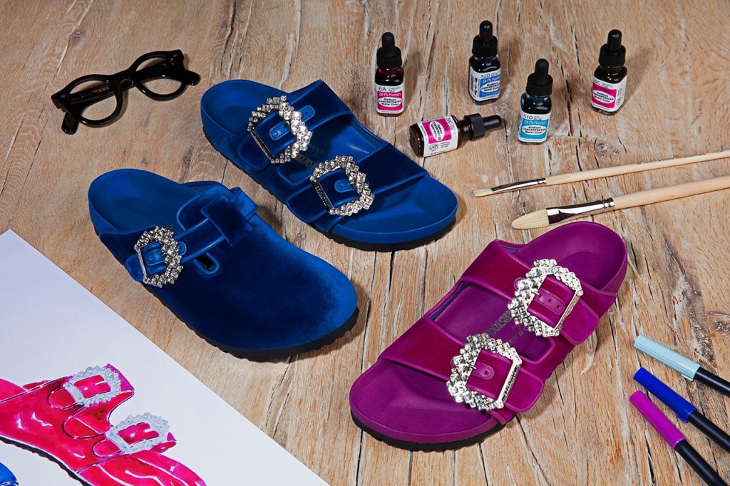 The Arizona slides and Boston clogs in Fuschia pink and royal blue from the Manolo Blahnik x Birkenstock collection