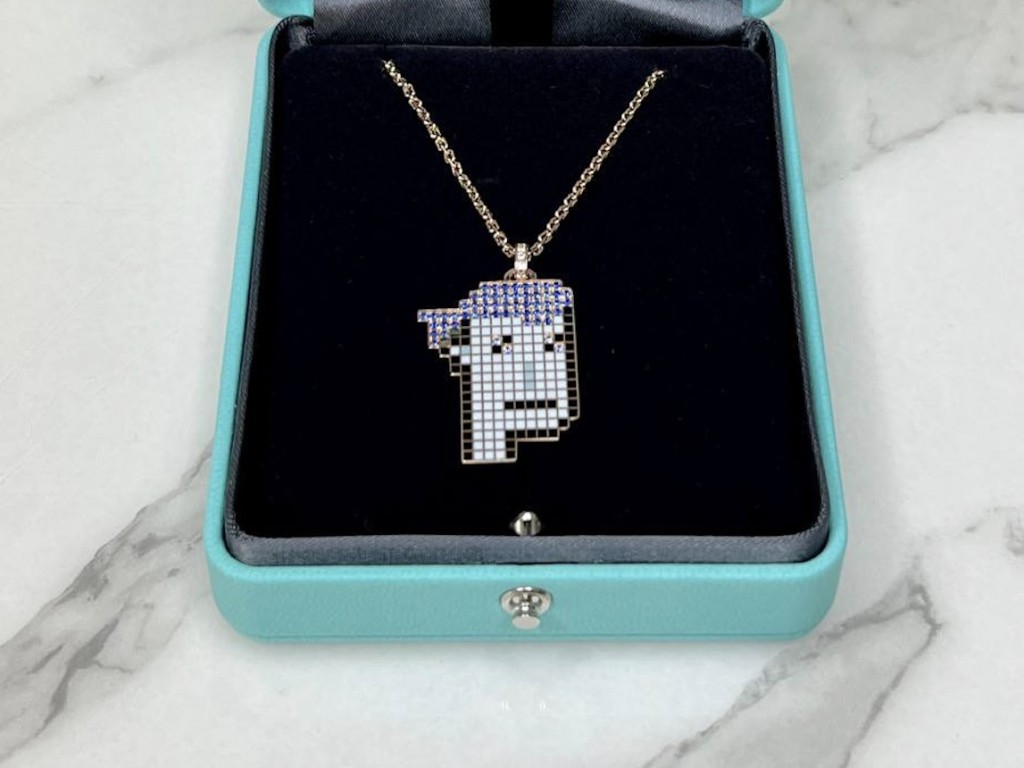 A Tiffany & Co cryptopunk necklace from the NFTiff platform